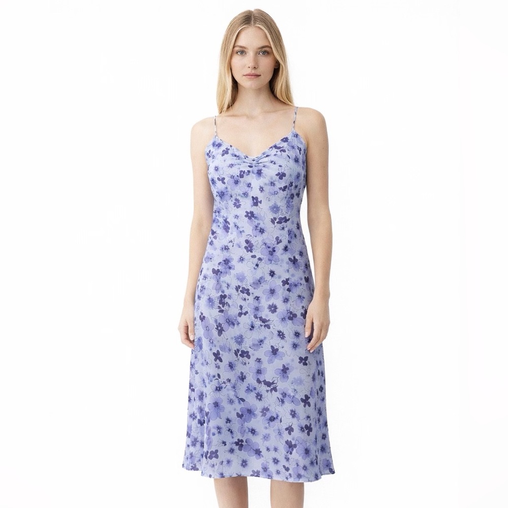 Vintage 90’s Silk Ann Taylor Blue Floral Slip Spaghetti Strap Dress